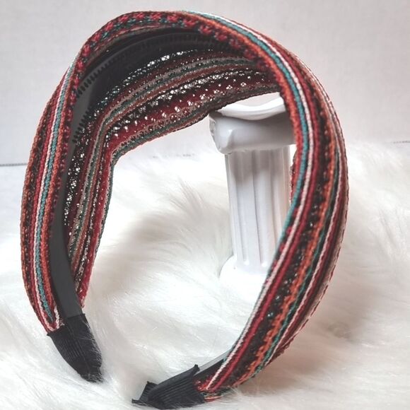 BOHO KNIT CROCHET WIDE BRIM FALL COLORS HEADBAND Turquoise red orange - Picture 4 of 8